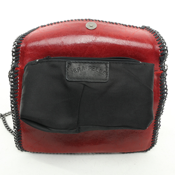 Vera Pelle Leather Chain Handle & Trim Purse Crossbody Bag 10x7x1 Red/Black - Picture 7 of 11